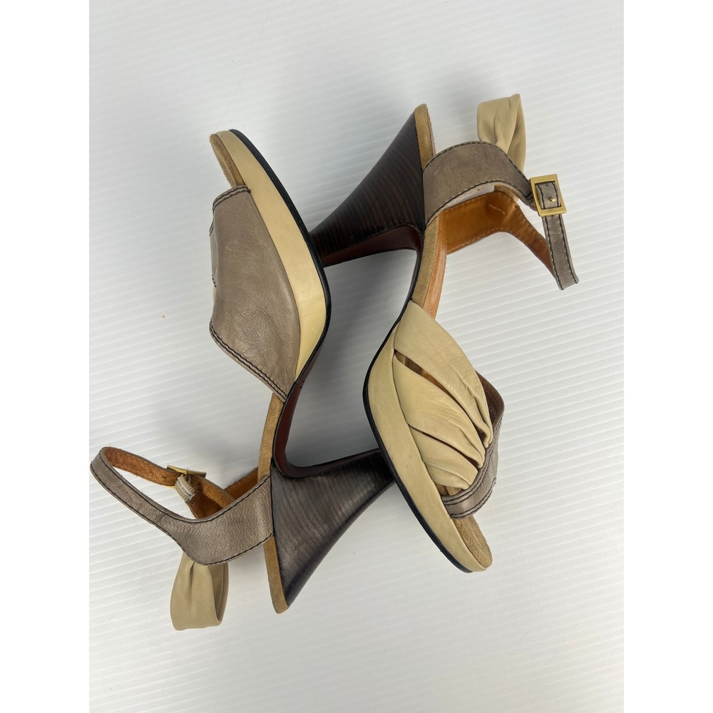 Chie Mihara Two Tone Leather Pleated Heeled Platform Sandals Taupe Spain 40.5 - Picture 5 of 12